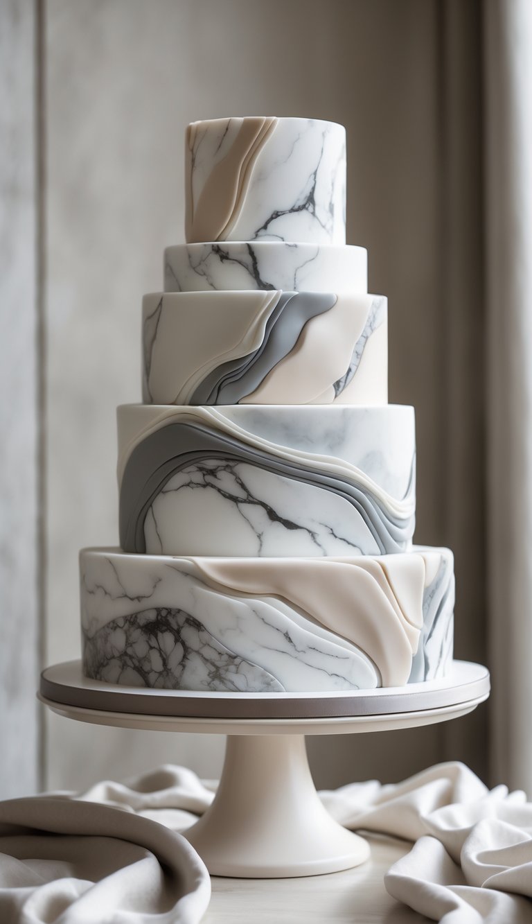 A multi-tiered wedding cake designed to look like marble, displayed on a stand against a neutral background.